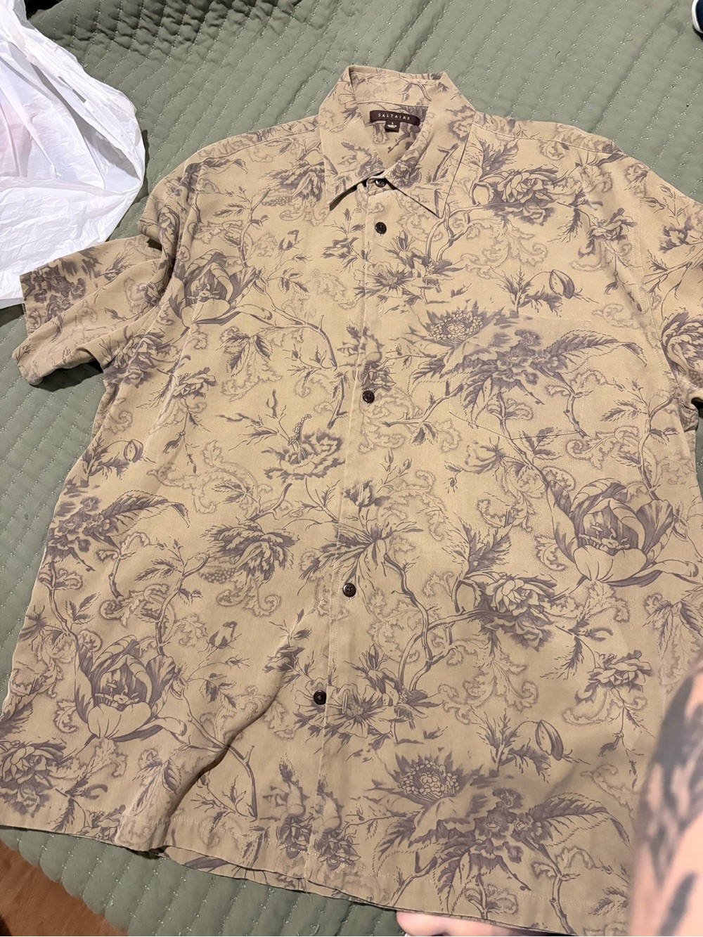 Casual Floral Print Short-Sleeve Dress Shirt - Tan